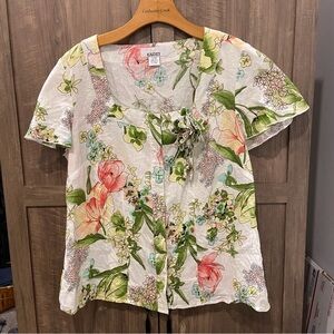 Ralsey 1X Linen Top Multicolor Floral Button-Front Square Neck